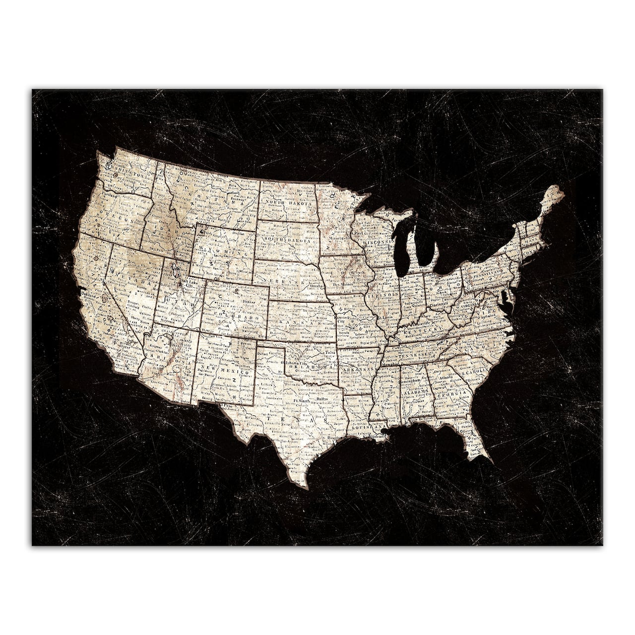 Black United States Map 20" x 16" Canvas Wall Art